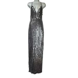 Réve Riche Sequin Gown Silver Maxi Dress Spaghetti Strap Slit Glam Formal Sz 38